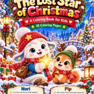 Cute Christmas Santa Mail coloring page featuring Nori and Pip in a snowy village