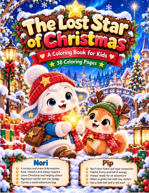 Cute Christmas Santa Mail coloring page featuring Nori and Pip in a snowy village